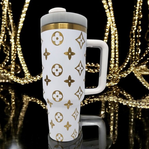 40oz White and Gold Laser Engraved Tumbler - Picture 2 of 6